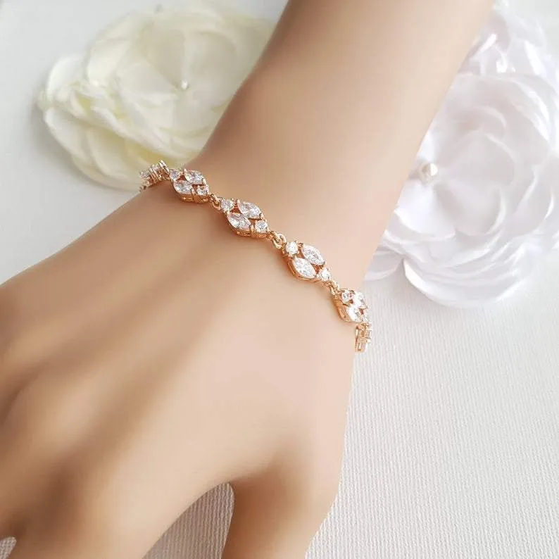 Dainty Rose Gold Crystal Bracelet for Weddings and Brides-Hayley