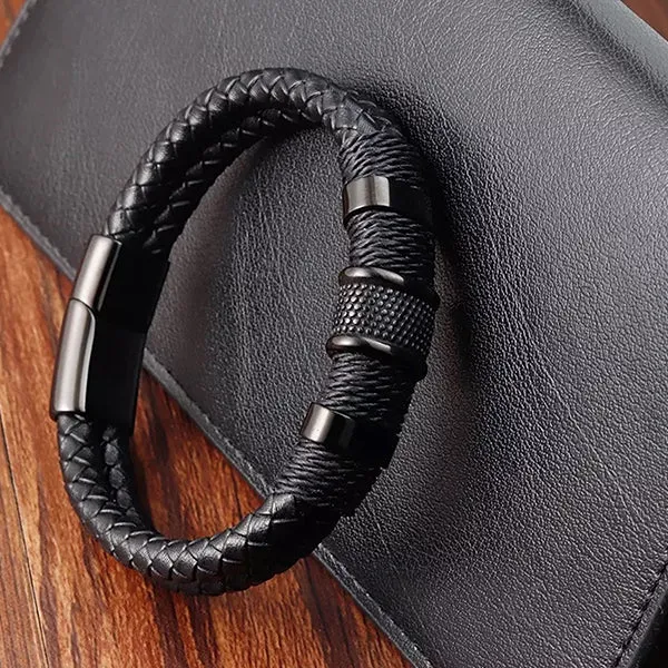 Double Layer Woven Leather Rope Bracelet for Men in 3 Lengths, Black