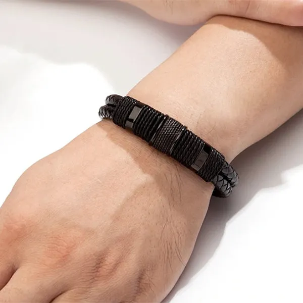 Double Layer Woven Leather Rope Bracelet for Men in 3 Lengths, Black