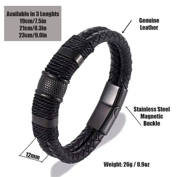 Double Layer Woven Leather Rope Bracelet for Men in 3 Lengths, Black