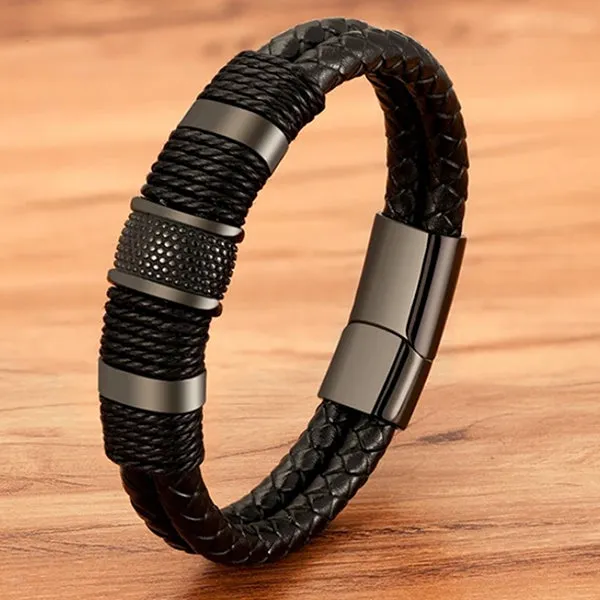 Double Layer Woven Leather Rope Bracelet for Men in 3 Lengths, Black