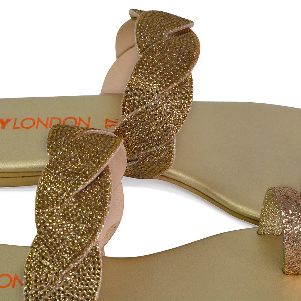 Dreamer Diamante Strap Toe Post Ring Flat Summer Woven Sandal Sliders in Gold