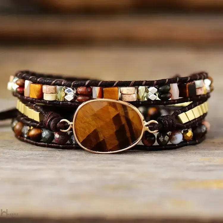 Elegant Tiger Eye Wrap Bracelet - Bohemian Style | Semi-Precious Stones | Adjustable Fit