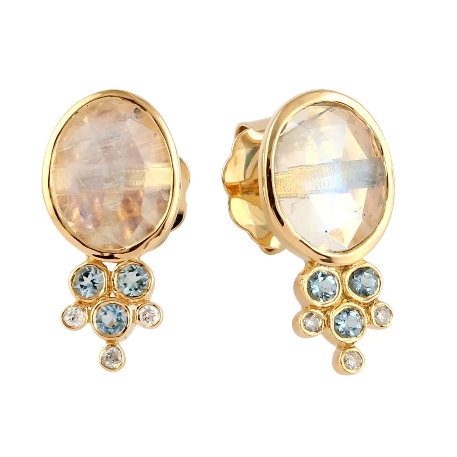 Faceted Moonstone Aquamarine Diamond Stud Earrings In 18k Gold