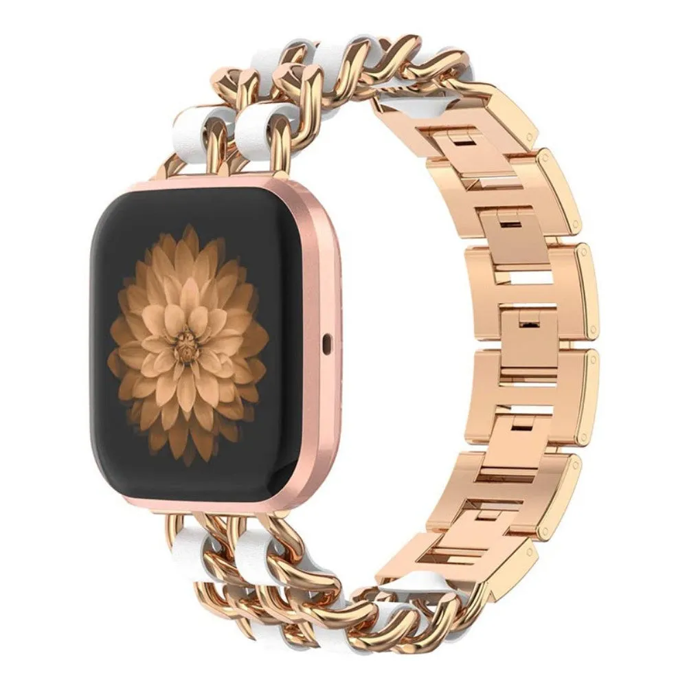 Fitbit Versa 2 / Versa Lite stainless steel   leather watch strap - Rose Gold / White Leather