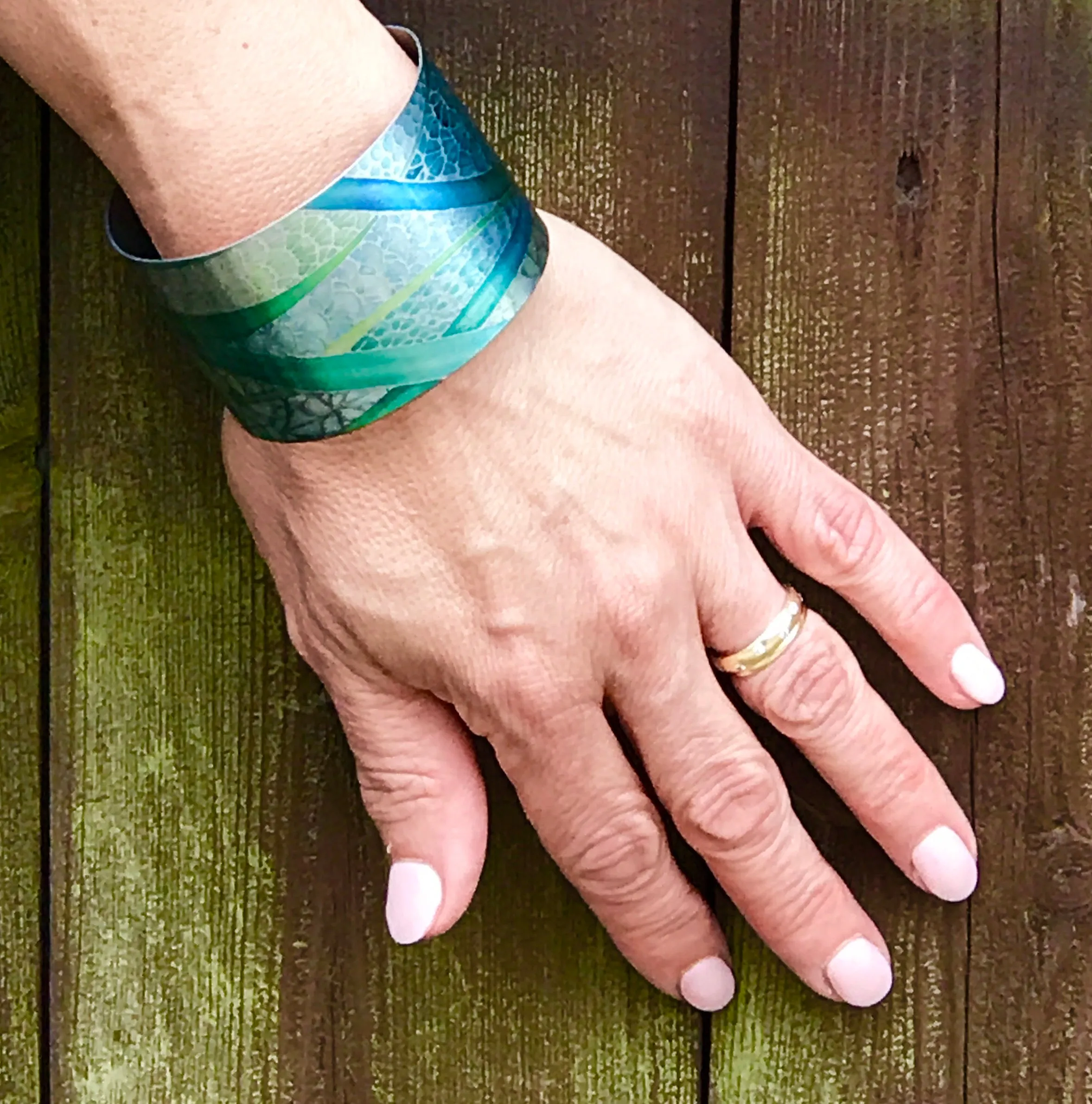 Forest |Green Cuff Bracelet - Comtemporary Teal Green Bangle - easy wear lightweight aluminium.