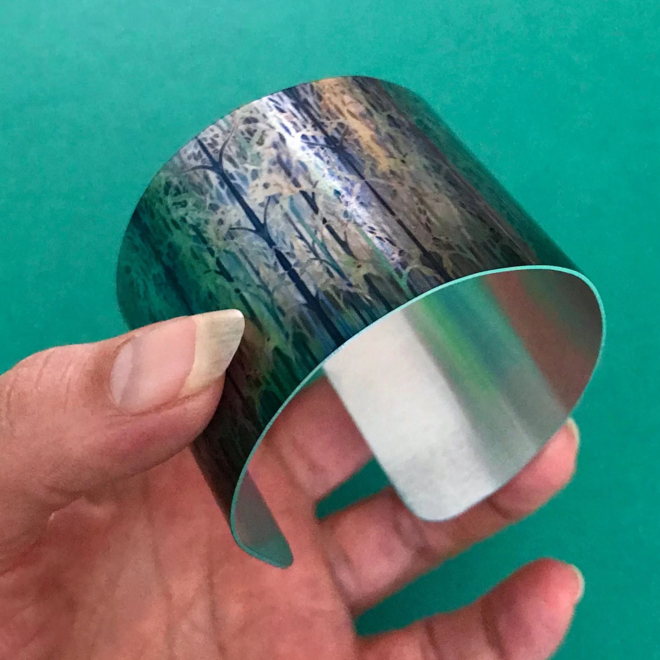 Forest |Green Cuff Bracelet - Comtemporary Teal Green Bangle - easy wear lightweight aluminium.