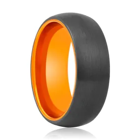 Fotini Mens Domed Black Brushed Domed Tungsten Ring Orange Inside 4mm - 10mm