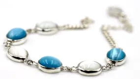 Genuine Sterling Silver 925 Blue   White  Cat's Eye Oval Bracelet