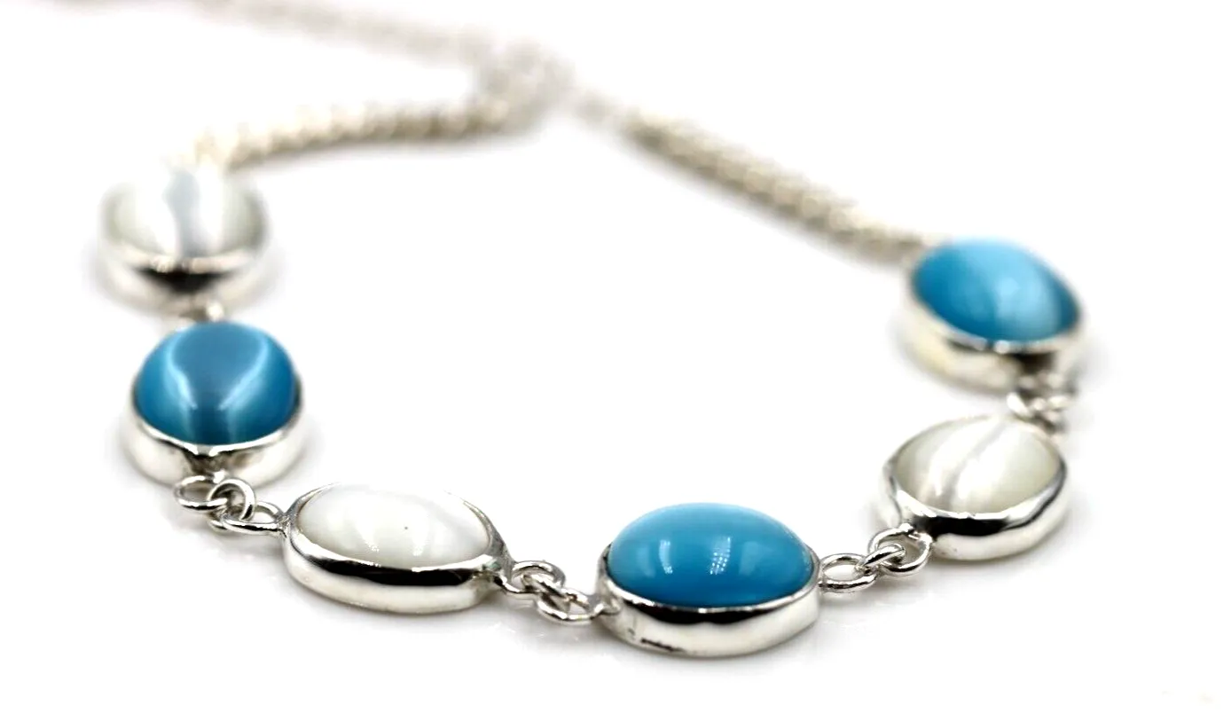 Genuine Sterling Silver 925 Blue   White  Cat's Eye Oval Bracelet