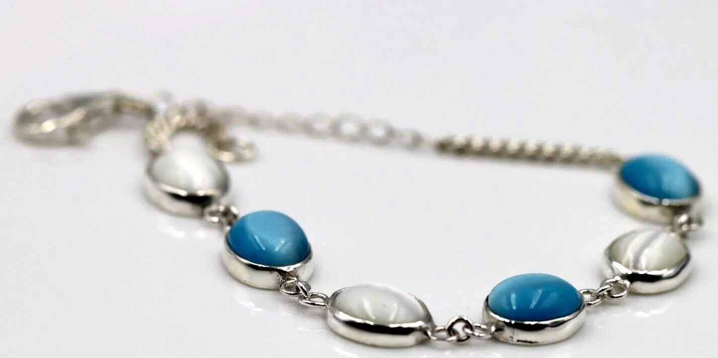 Genuine Sterling Silver 925 Blue   White  Cat's Eye Oval Bracelet