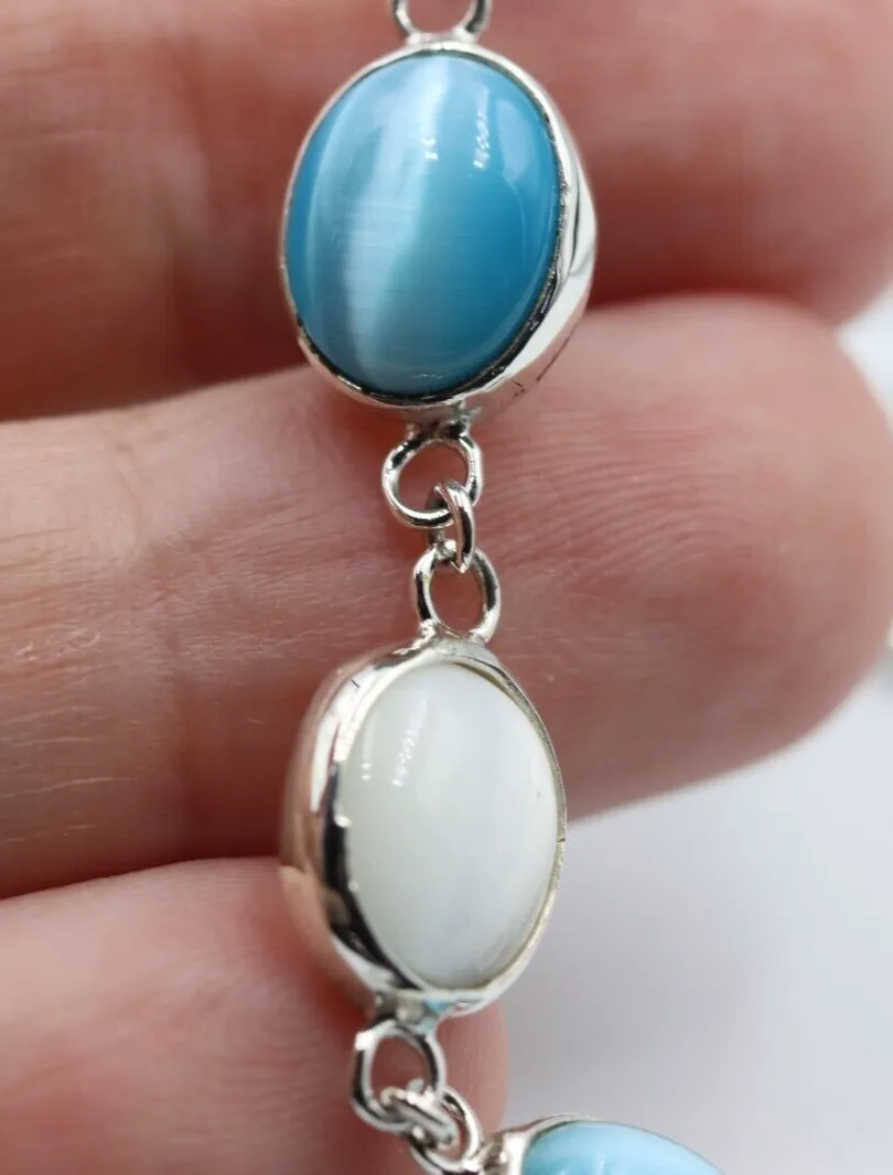 Genuine Sterling Silver 925 Blue   White  Cat's Eye Oval Bracelet