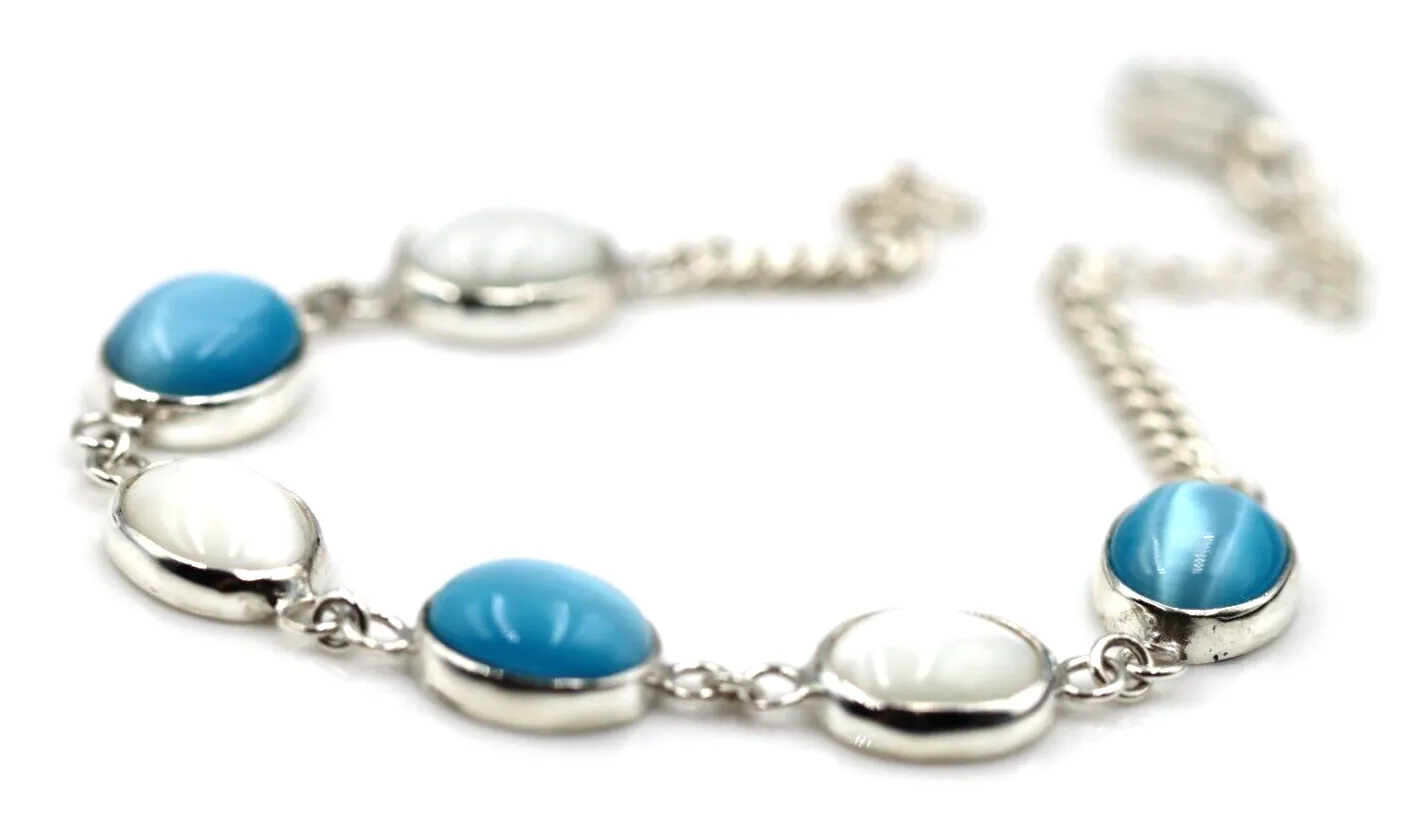 Genuine Sterling Silver 925 Blue   White  Cat's Eye Oval Bracelet