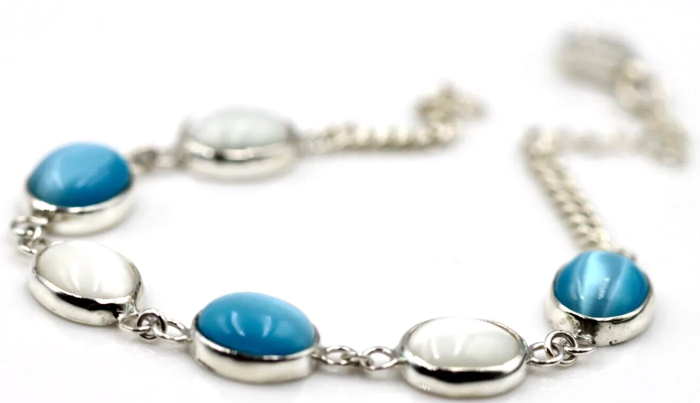 Genuine Sterling Silver 925 Blue   White  Cat's Eye Oval Bracelet