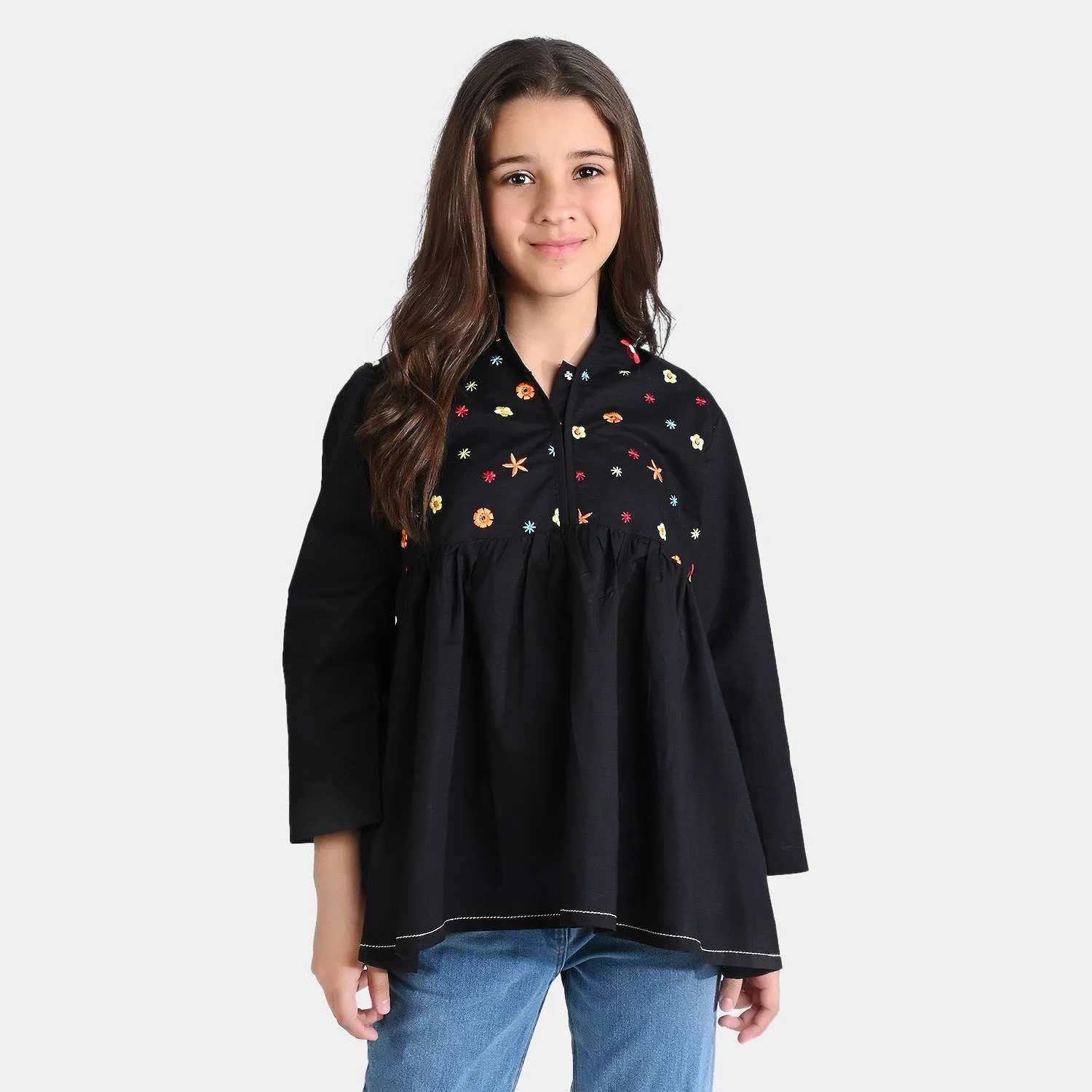 Girls Jacquard EMB Top Zinnia-BLACK