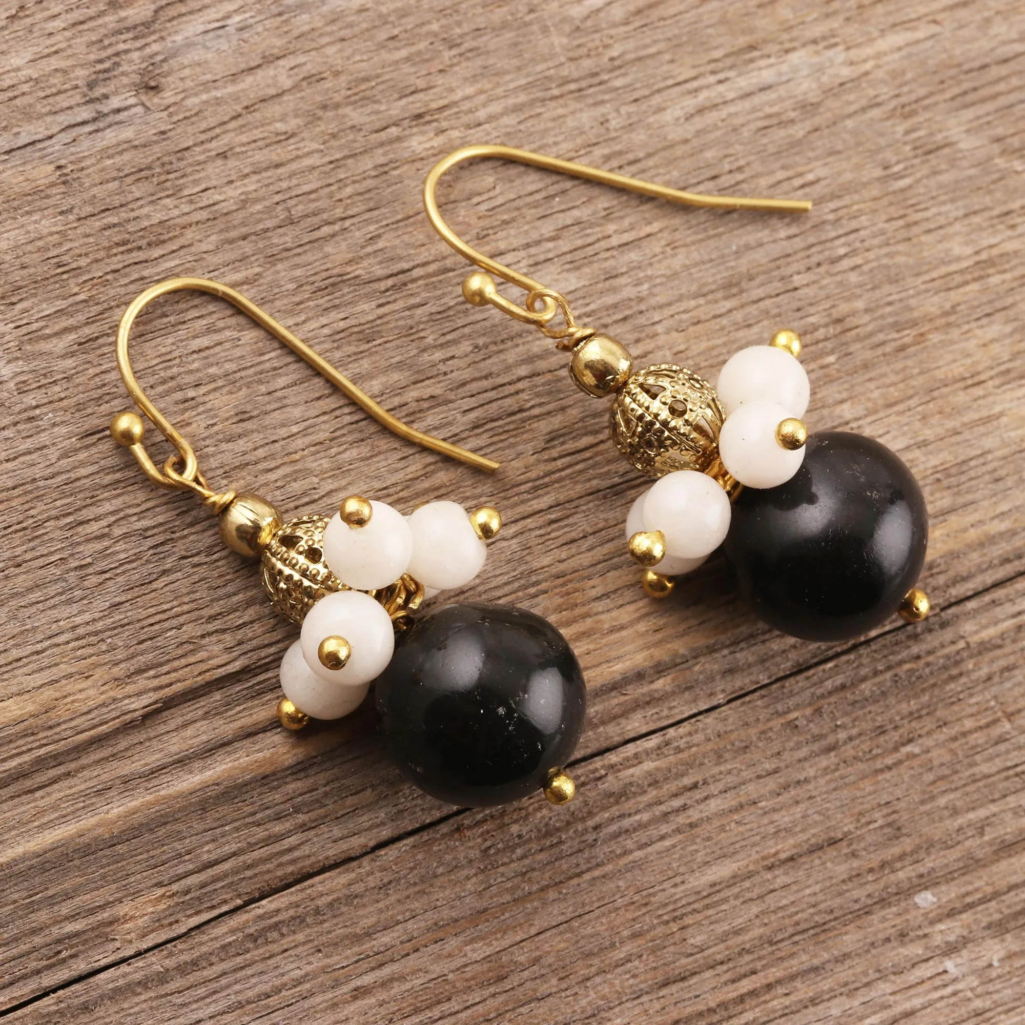 Gleaming Globes Onyx and Moonstone Beaded Dangle Earrings from India