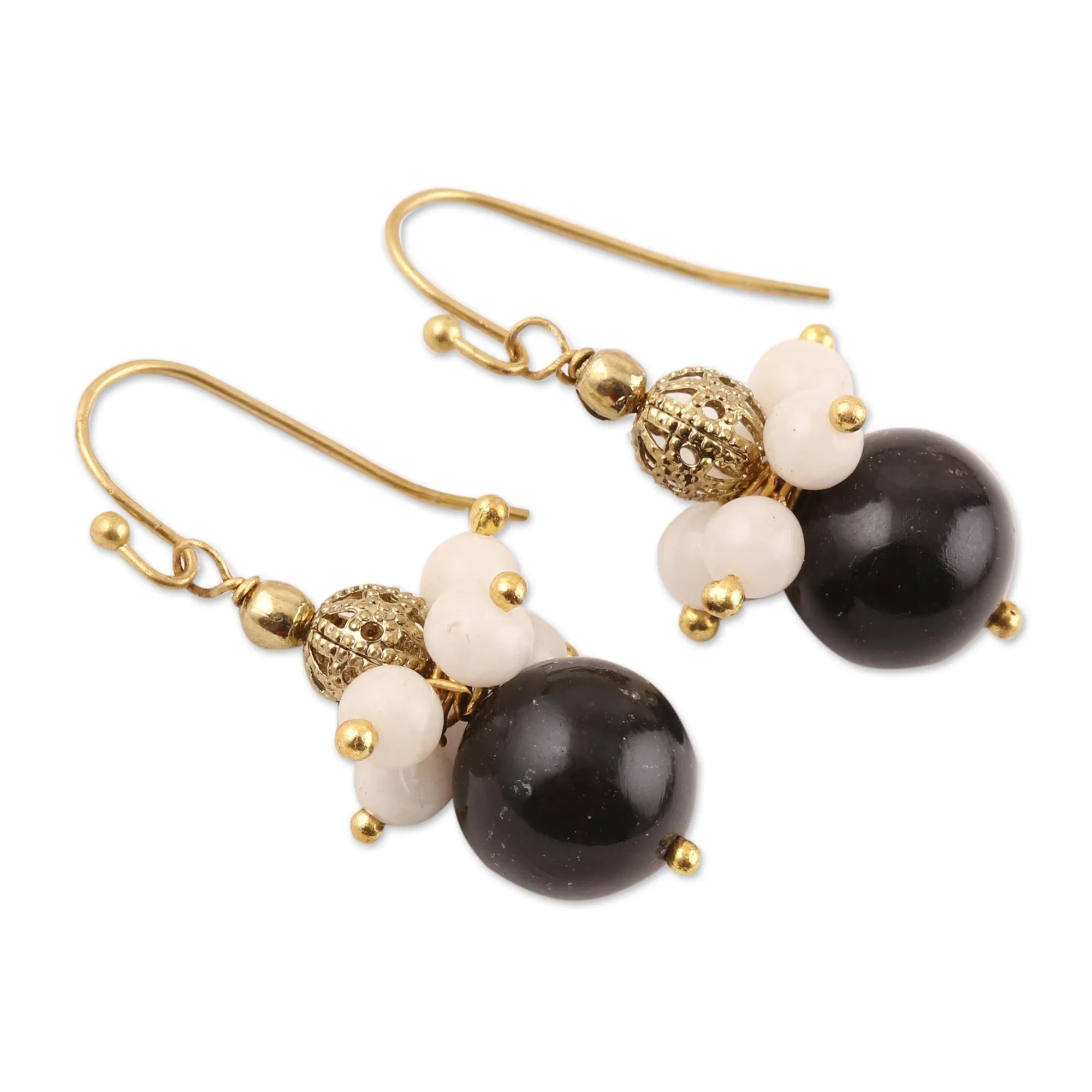 Gleaming Globes Onyx and Moonstone Beaded Dangle Earrings from India