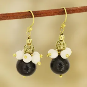 Gleaming Globes Onyx and Moonstone Beaded Dangle Earrings from India