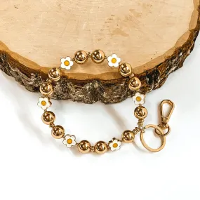 Gold Beaded Bangle Key Ring with Flower Spacers in White