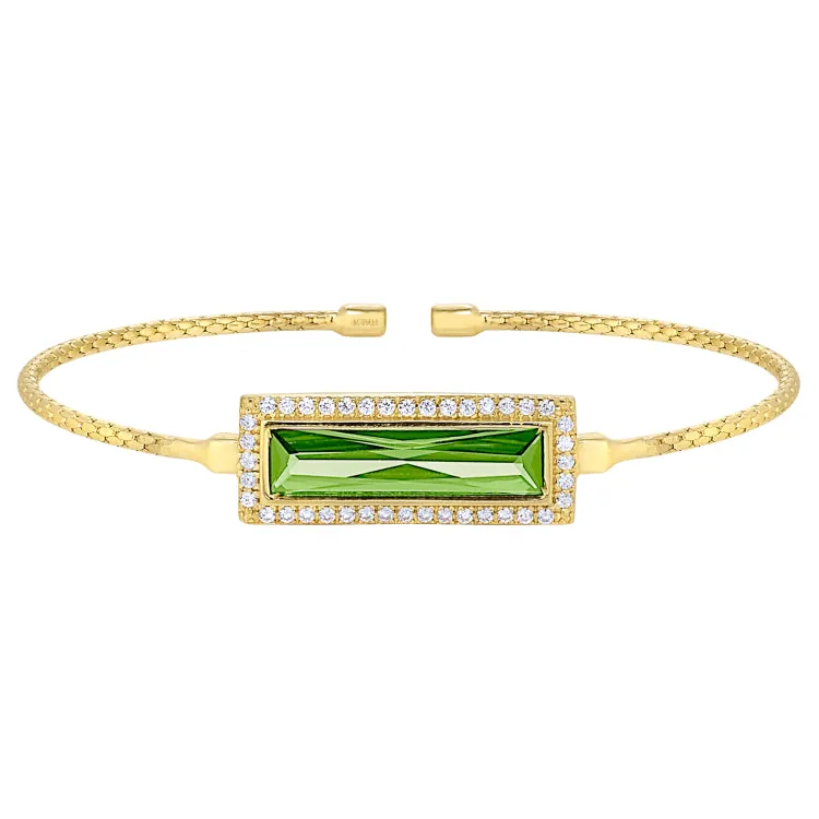 Gold Finish Sterling Silver Cable Cuff Bracelet with Rectangular Simulated Peridot Stone and Simulated Diamonds