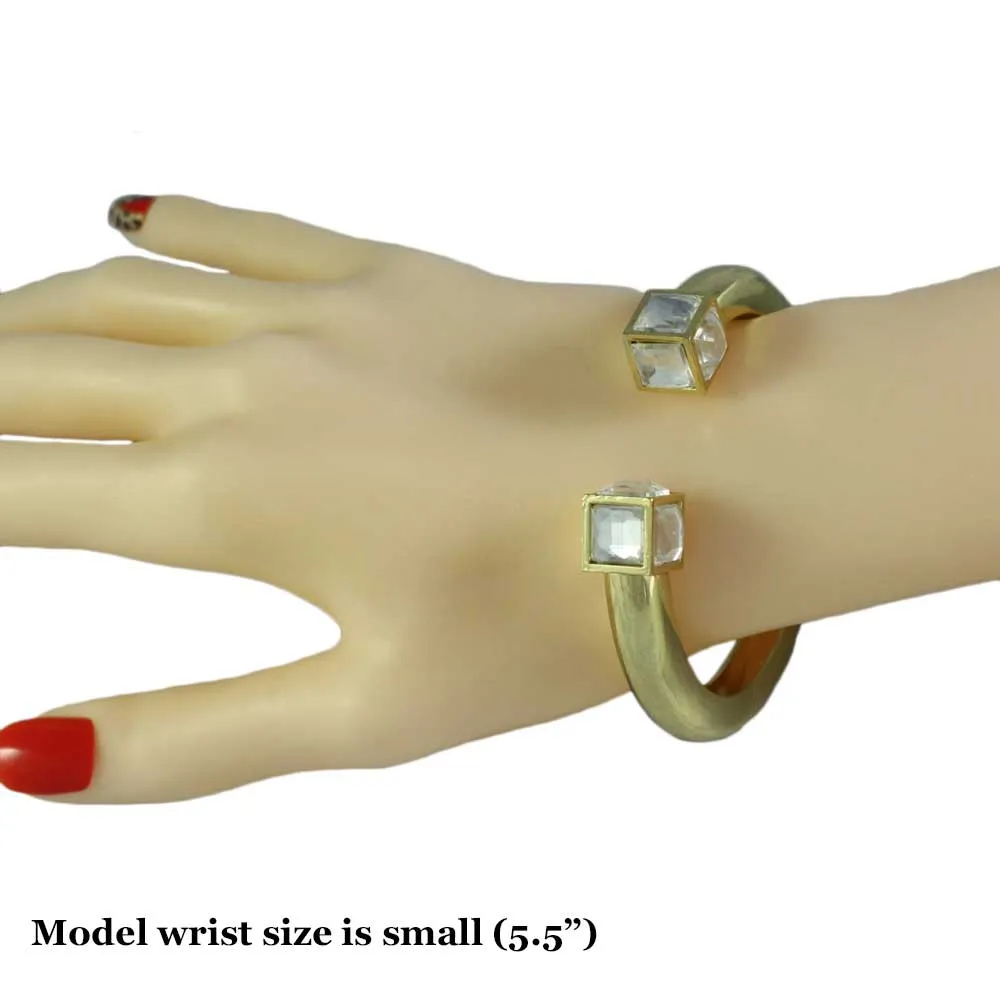 Gold Hinged Bangle with Large Clear Stone Cube - BGR511