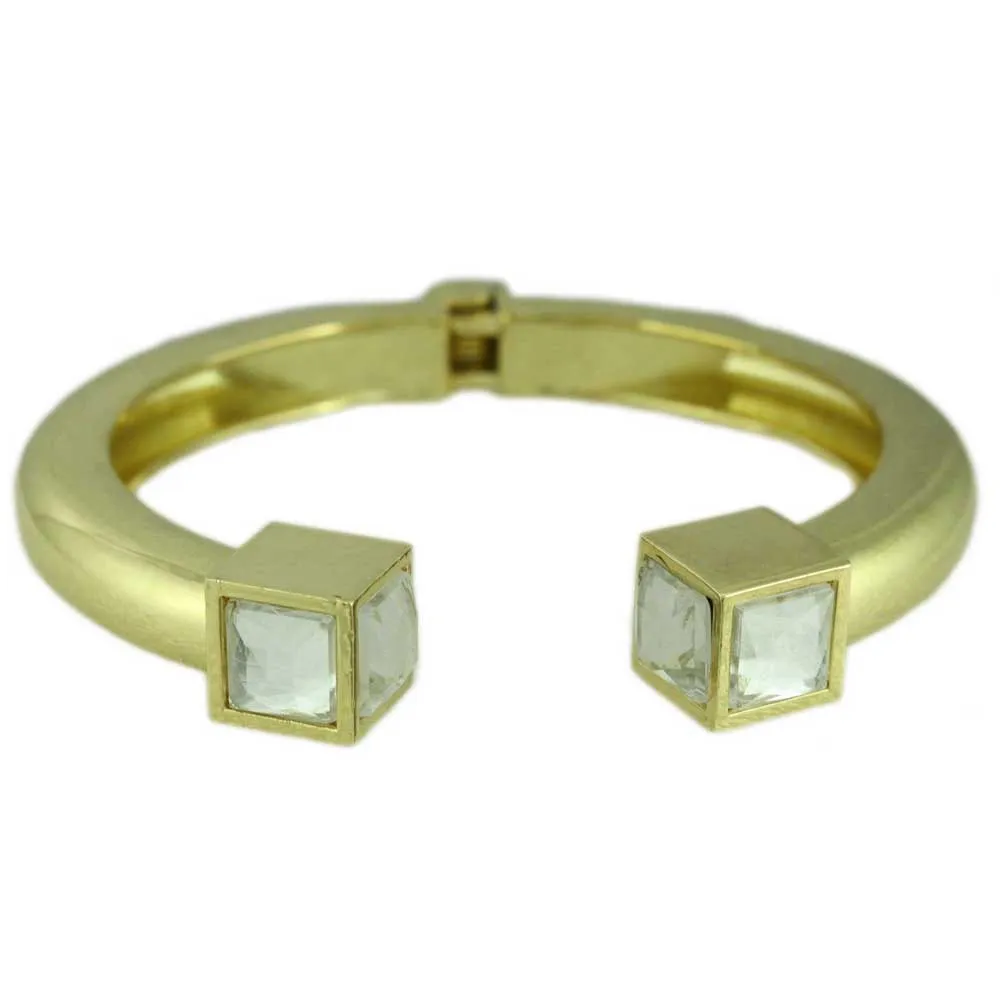 Gold Hinged Bangle with Large Clear Stone Cube - BGR511