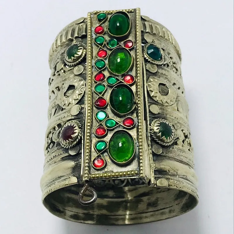 Golden Tribal Cuff Bracelet With Big Glass Stones