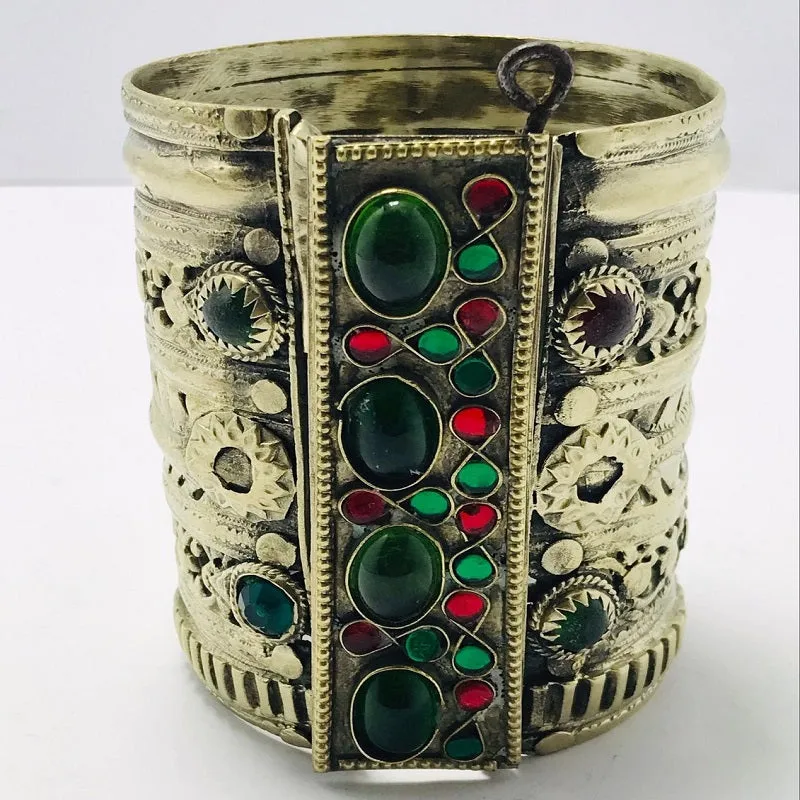 Golden Tribal Cuff Bracelet With Big Glass Stones