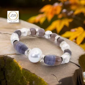 Gray-Striped Agate & Pearl Gemstone Silver Beaded Bracelet