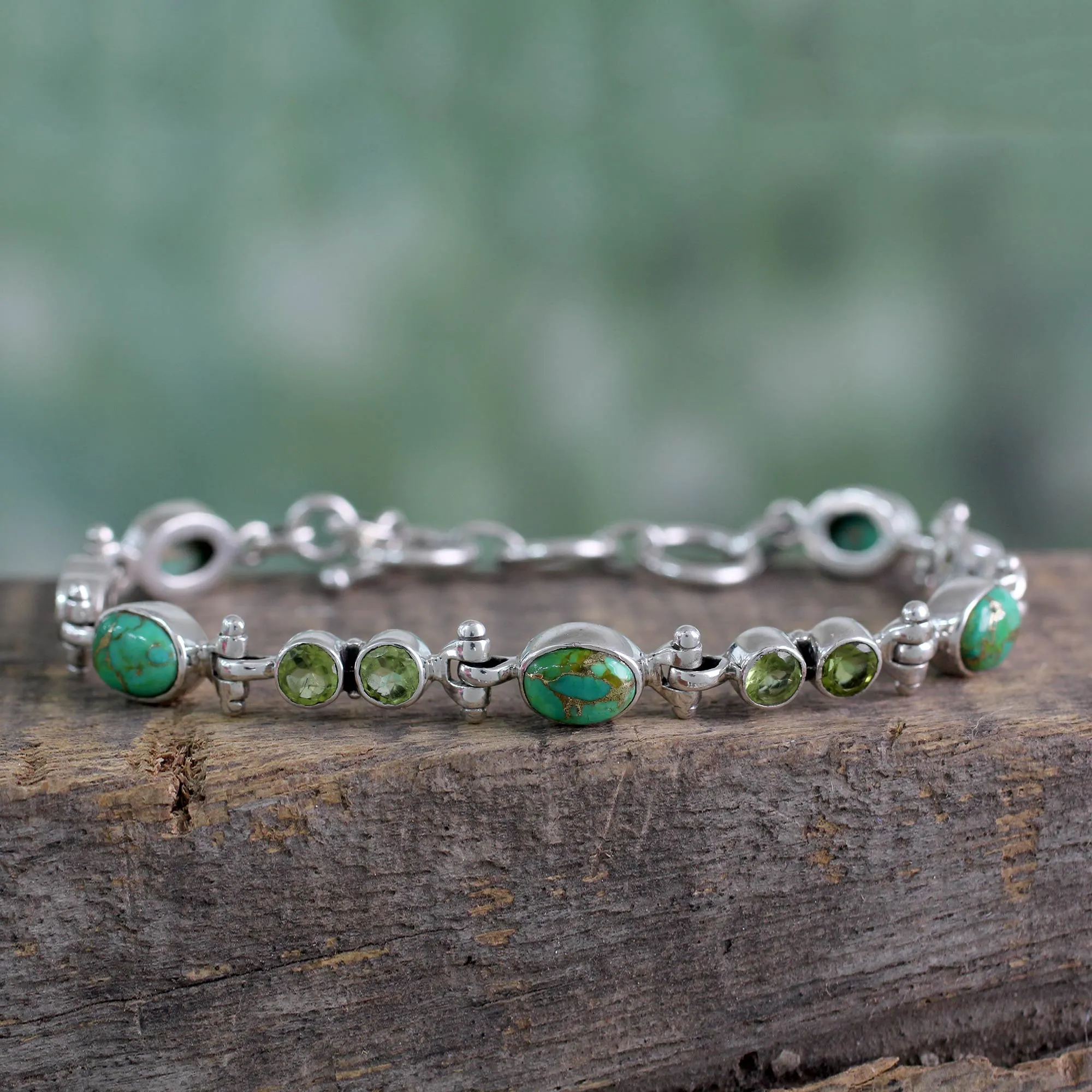 Green Glow Peridot and Reconstituted Turquoise Silver Link Bracelet