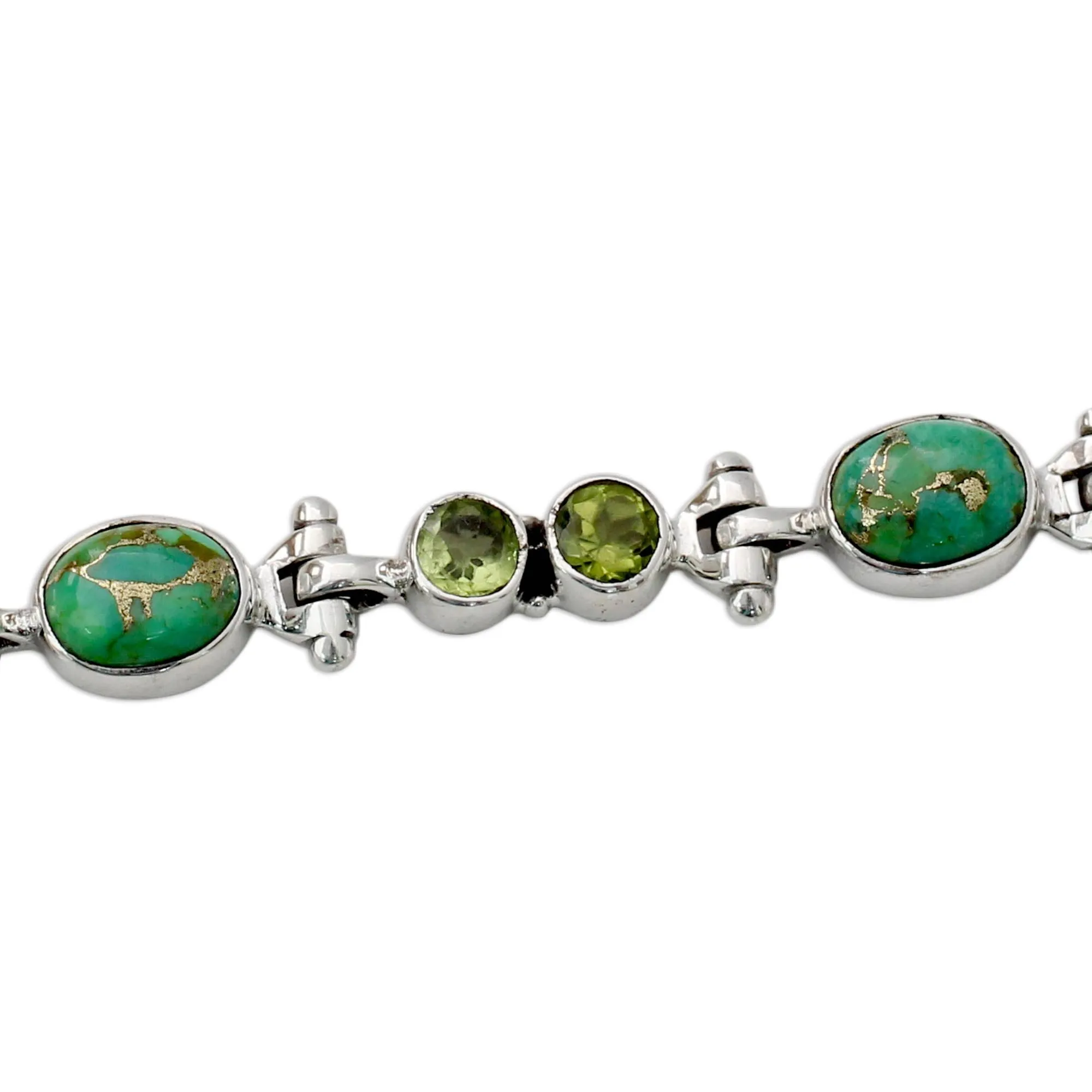 Green Glow Peridot and Reconstituted Turquoise Silver Link Bracelet