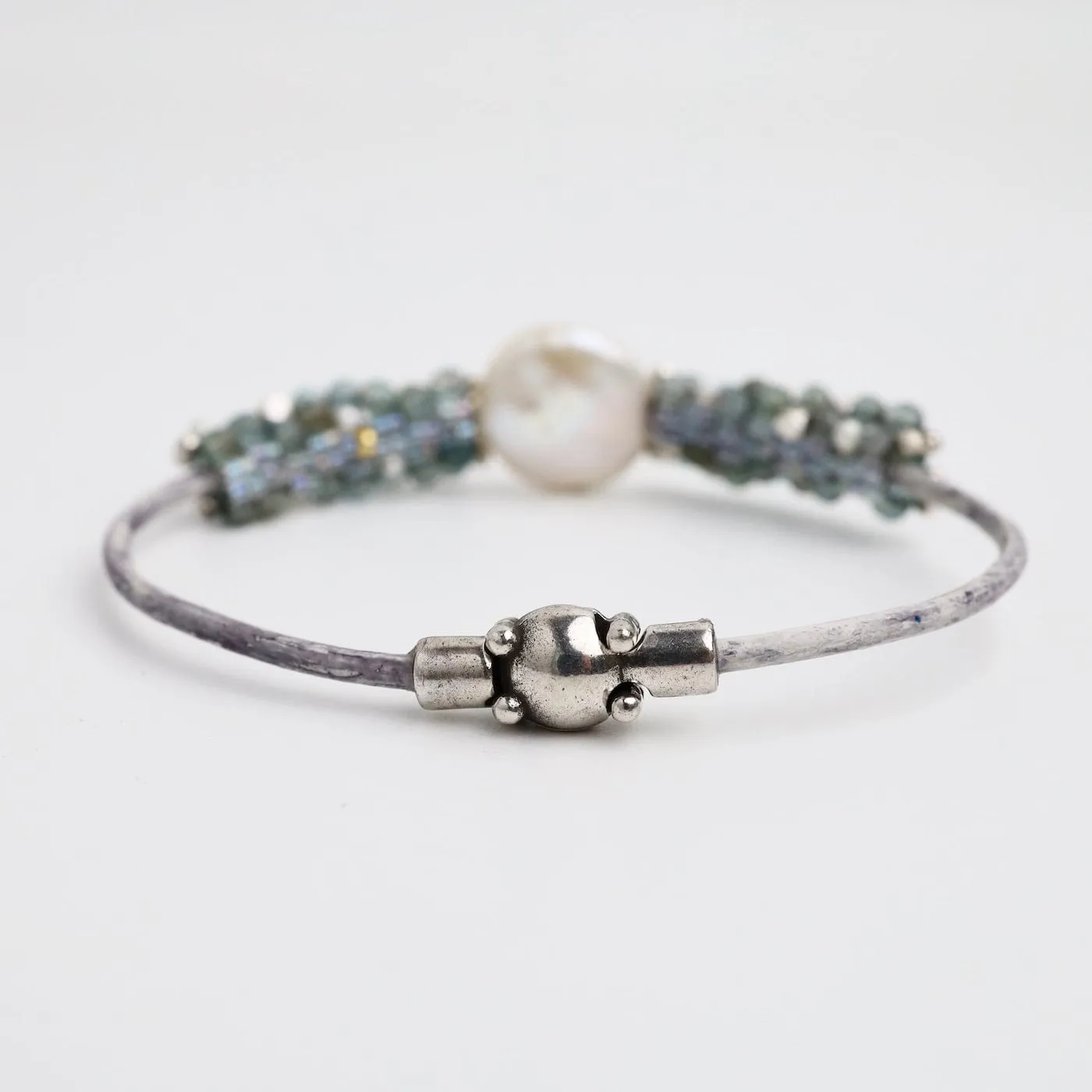 Hand Stitched Aquamarine, Sterling Silver & Pearl Leather Bracelet