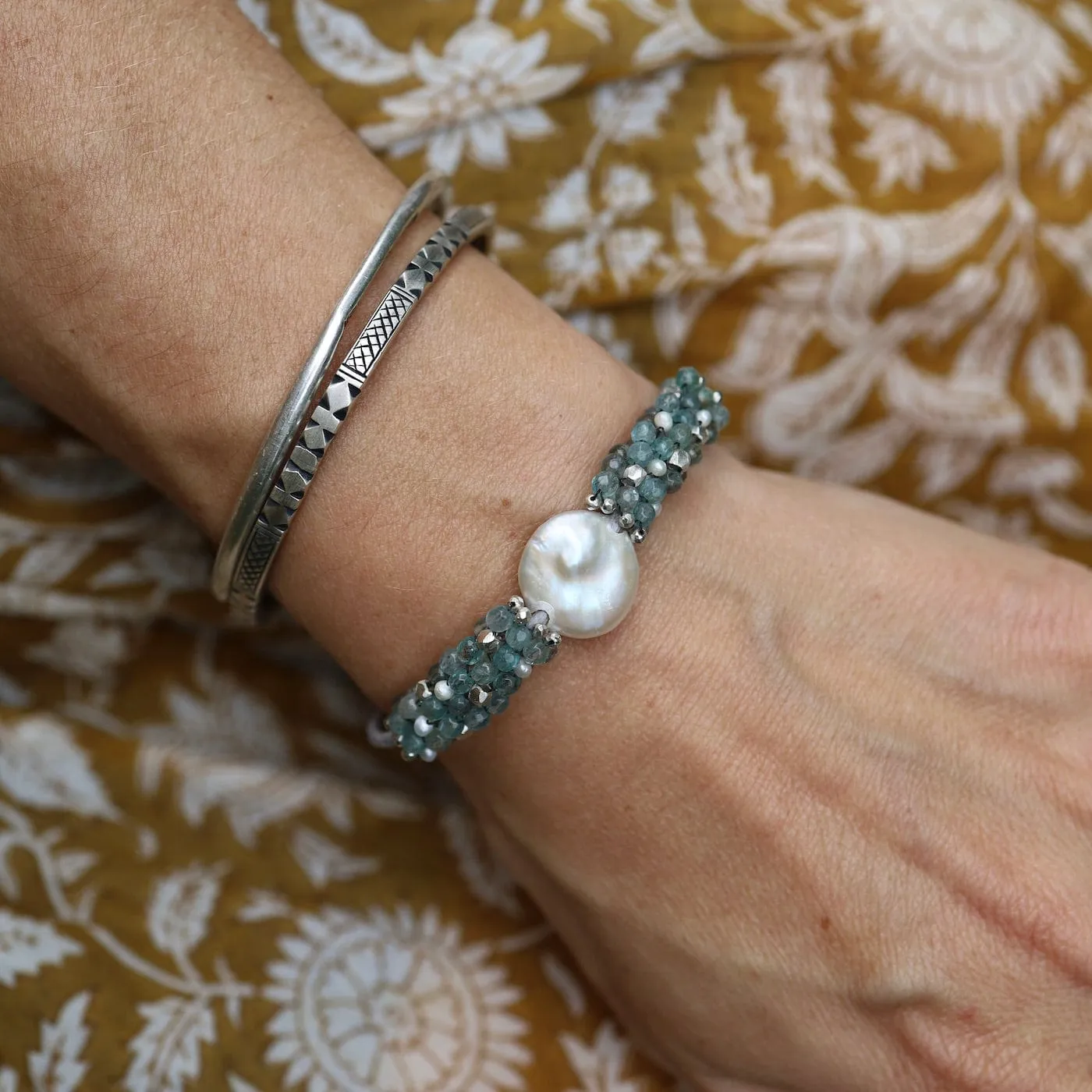 Hand Stitched Aquamarine, Sterling Silver & Pearl Leather Bracelet