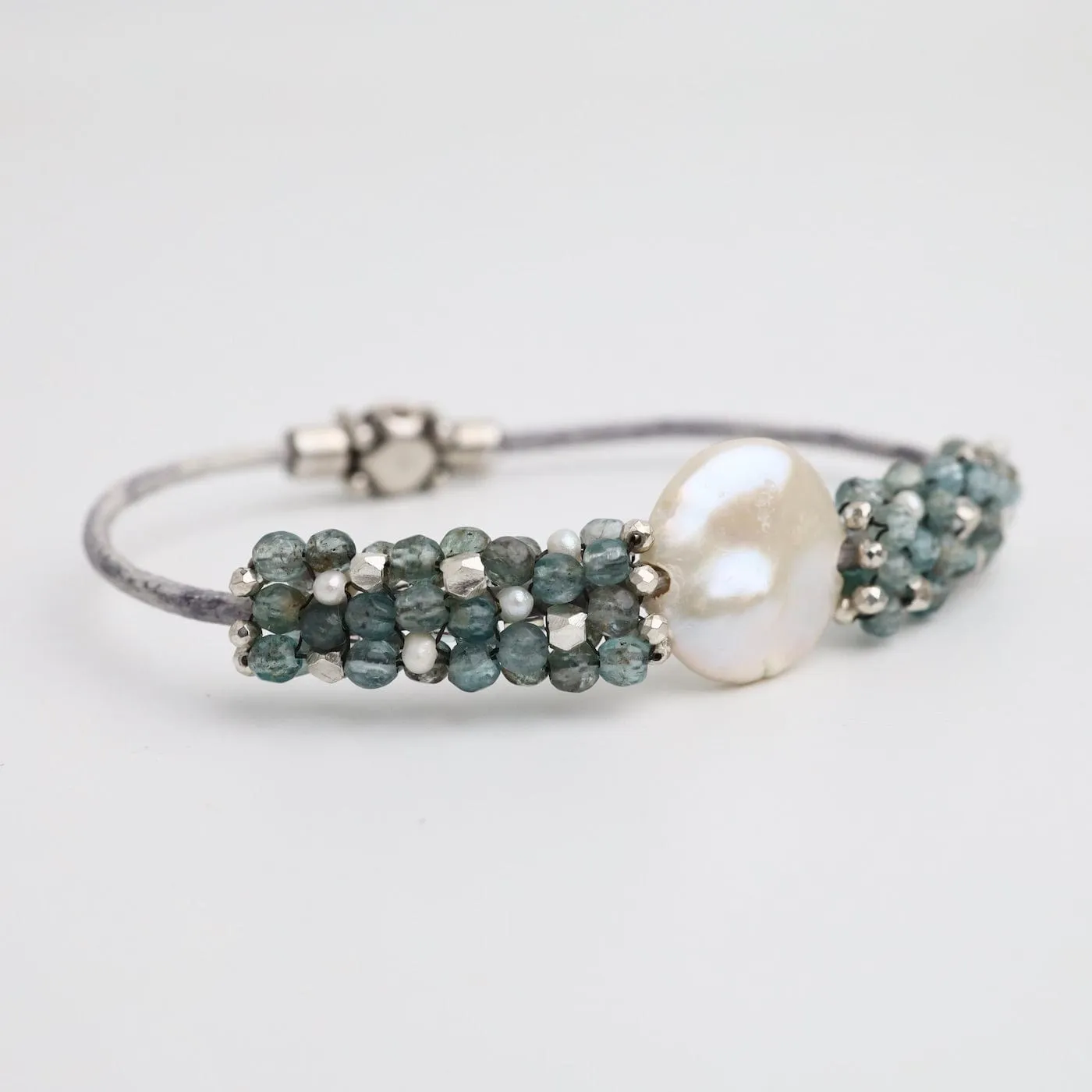 Hand Stitched Aquamarine, Sterling Silver & Pearl Leather Bracelet