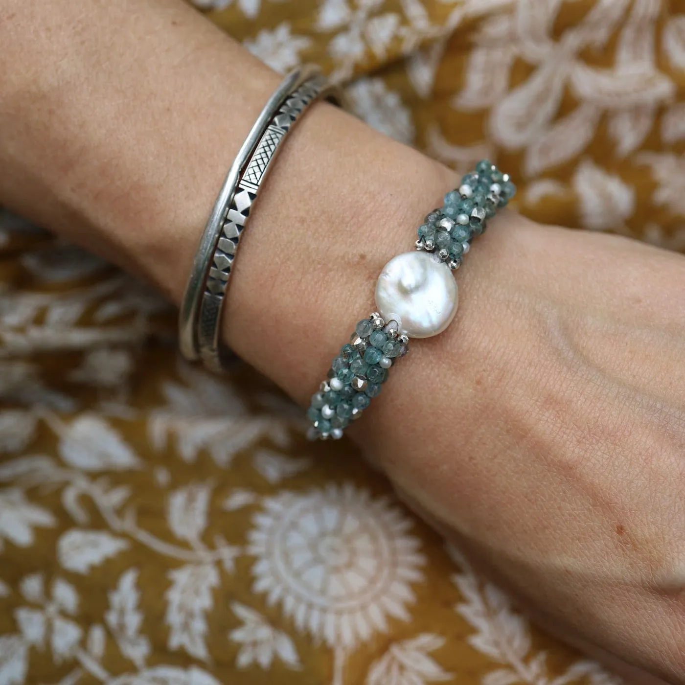 Hand Stitched Aquamarine, Sterling Silver & Pearl Leather Bracelet