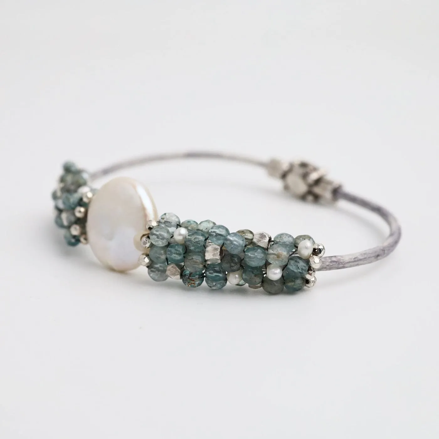 Hand Stitched Aquamarine, Sterling Silver & Pearl Leather Bracelet