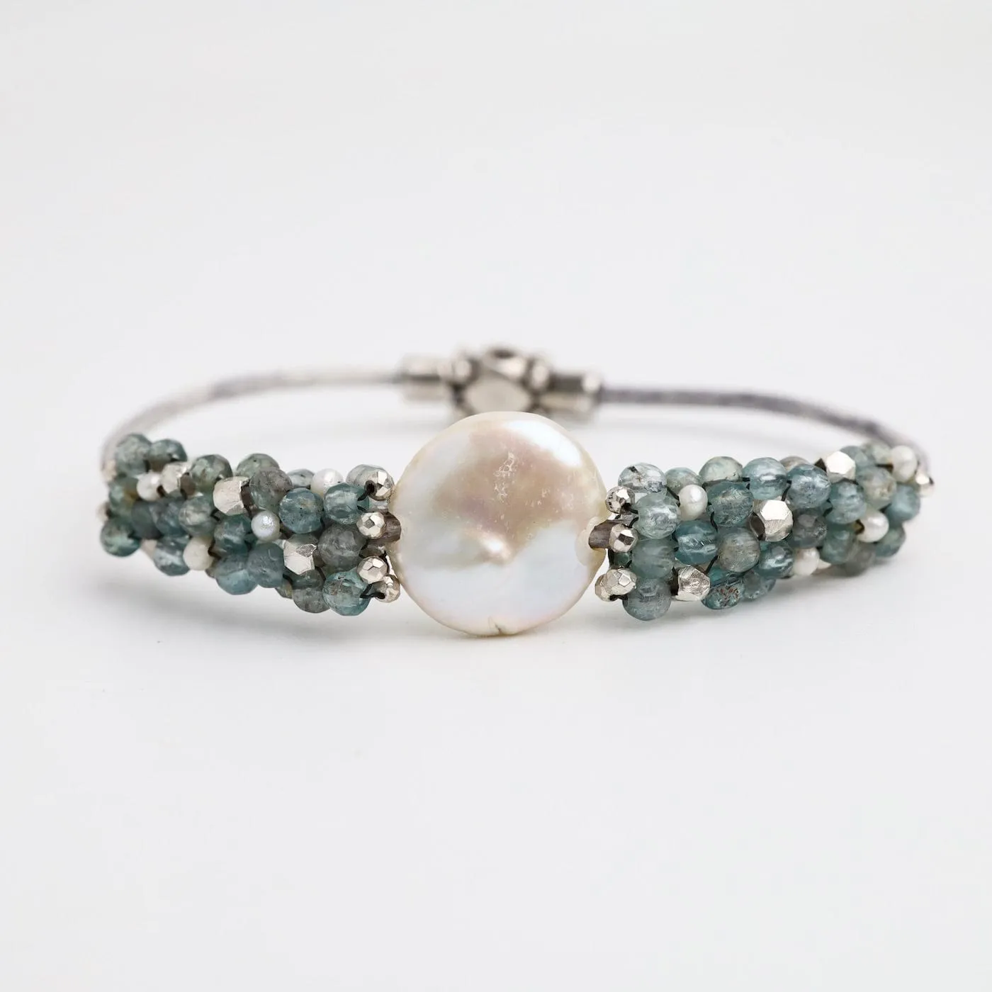 Hand Stitched Aquamarine, Sterling Silver & Pearl Leather Bracelet