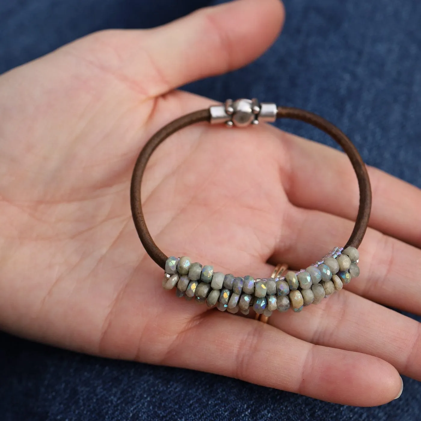 Hand Stitched Coated Aquamarine Leather Bracelet