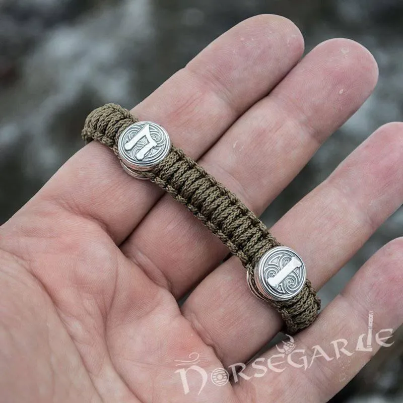 Handcrafted Bark Paracord Bracelet with Mjölnir and Runes - Sterling Silver