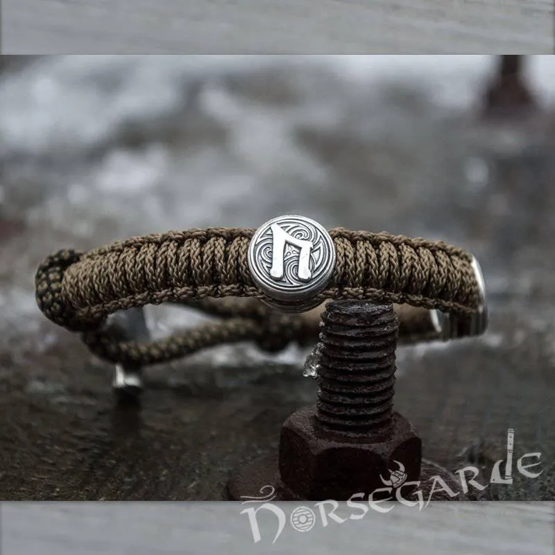 Handcrafted Bark Paracord Bracelet with Mjölnir and Runes - Sterling Silver