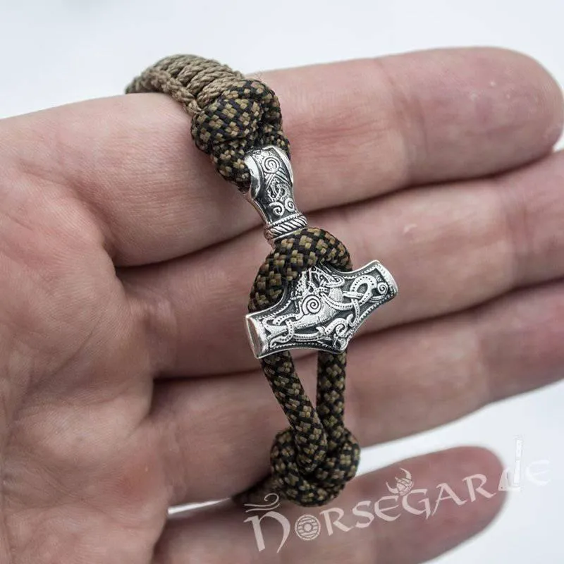 Handcrafted Bark Paracord Bracelet with Mjölnir and Runes - Sterling Silver