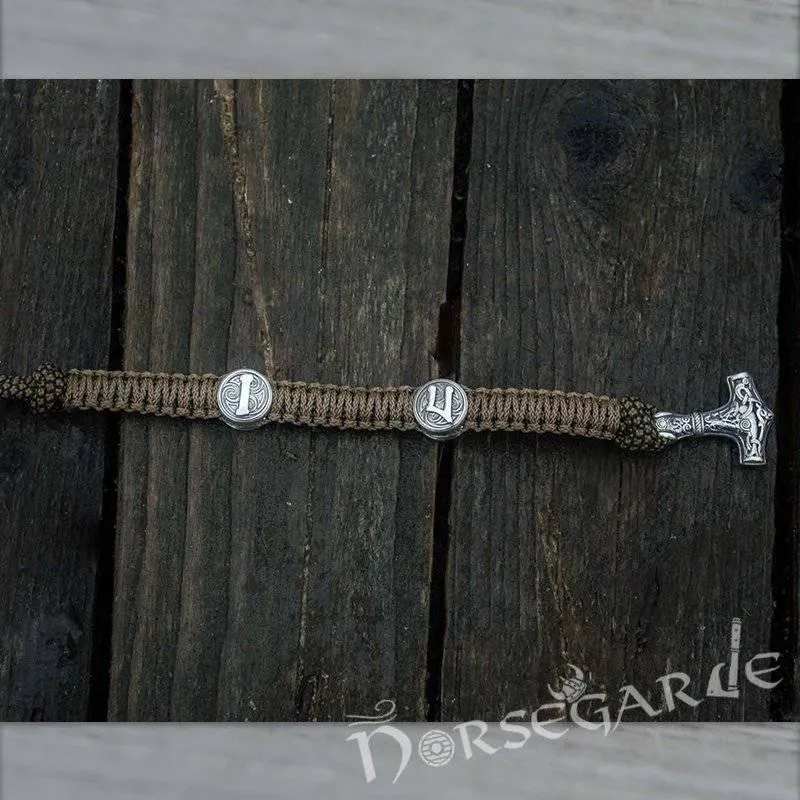 Handcrafted Bark Paracord Bracelet with Mjölnir and Runes - Sterling Silver