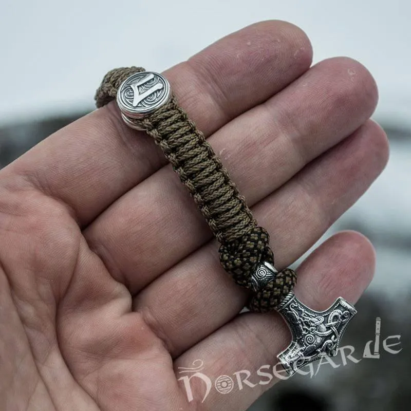 Handcrafted Bark Paracord Bracelet with Mjölnir and Runes - Sterling Silver