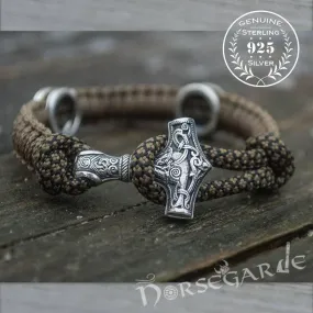 Handcrafted Bark Paracord Bracelet with Mjölnir and Runes - Sterling Silver