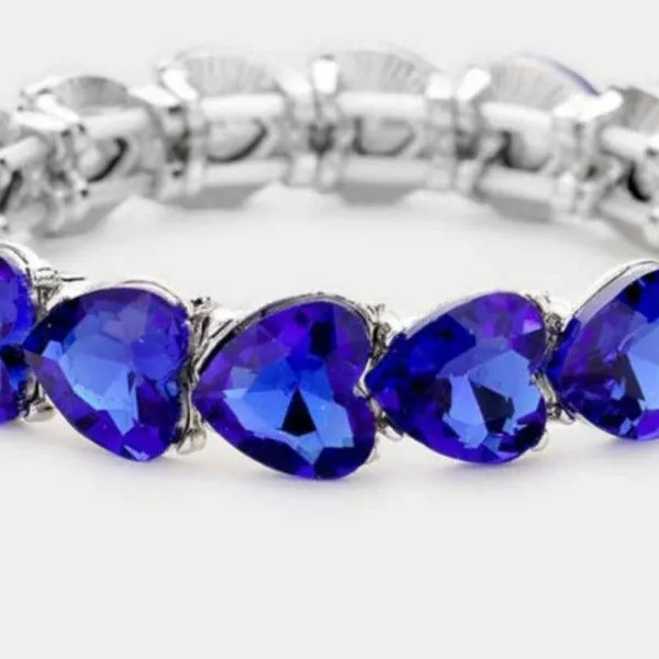 Heart Sapphire Blue Crystal Stretch Silver Evening Bracelet