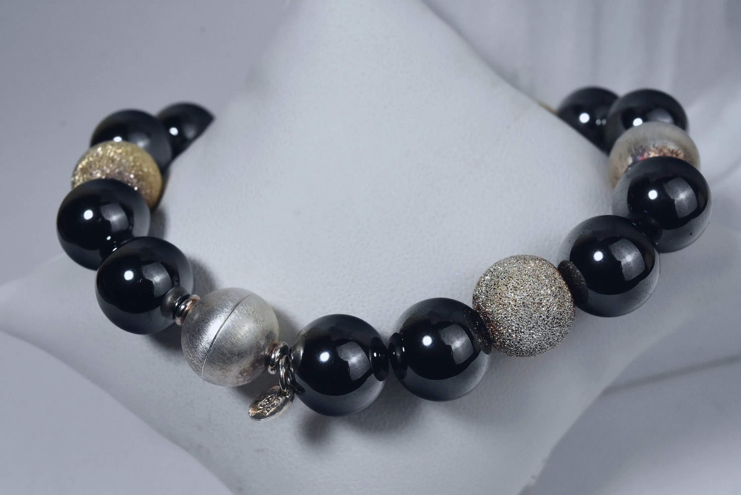 Heavy Italian Sterling Silver and Hematite Beaded Bracelet