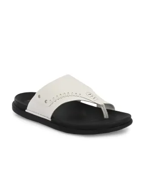 Hitz Men's White Leather Toe Ring Casual Slippers