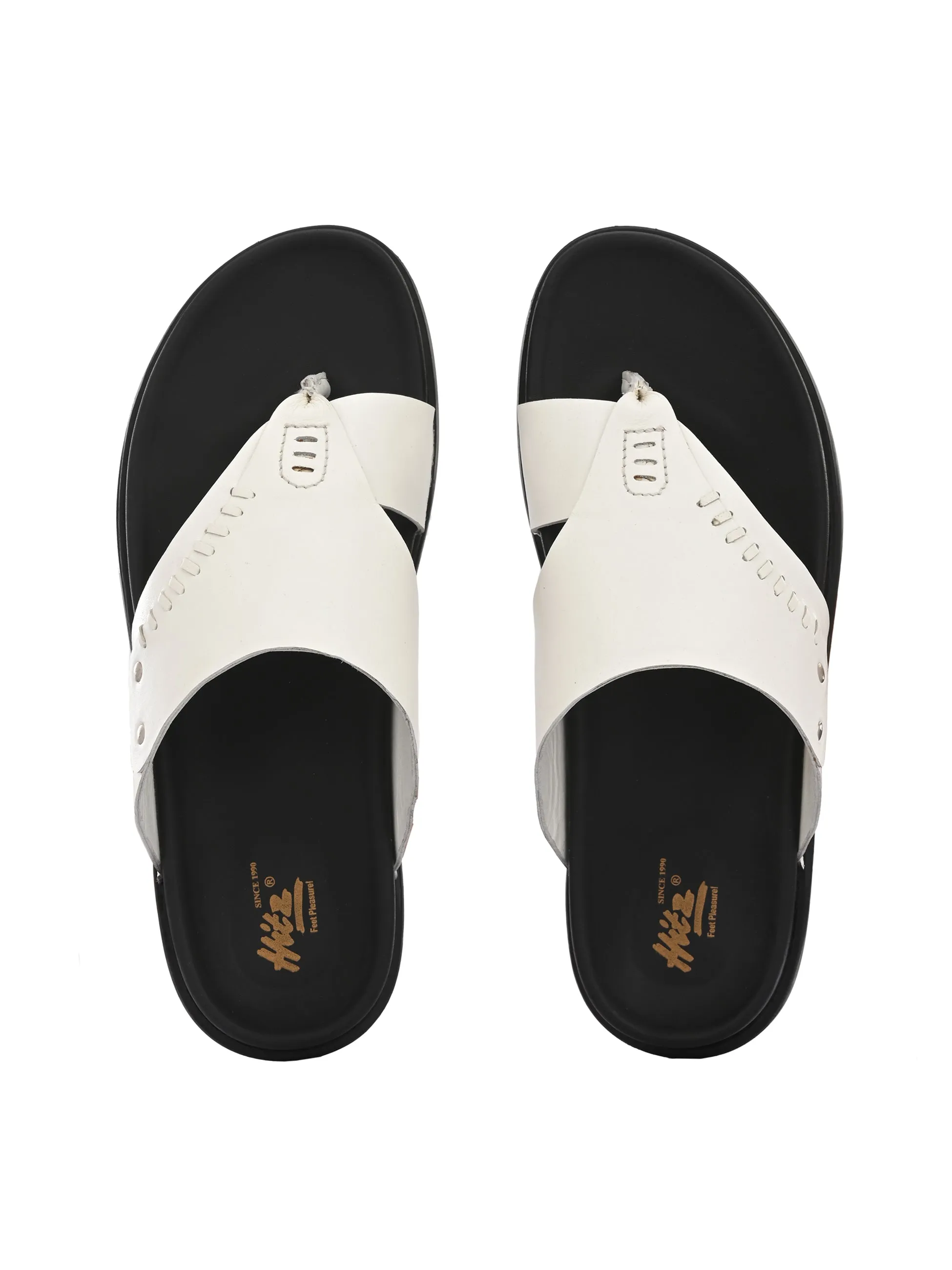 Hitz Men's White Leather Toe Ring Casual Slippers