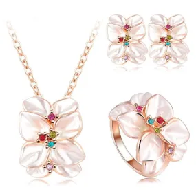 Hot Sale Jewelry Set Rose Gold Plated Austrian Crystal Enamel Earring/Necklace/Ring Flower Set Choose Size Ring