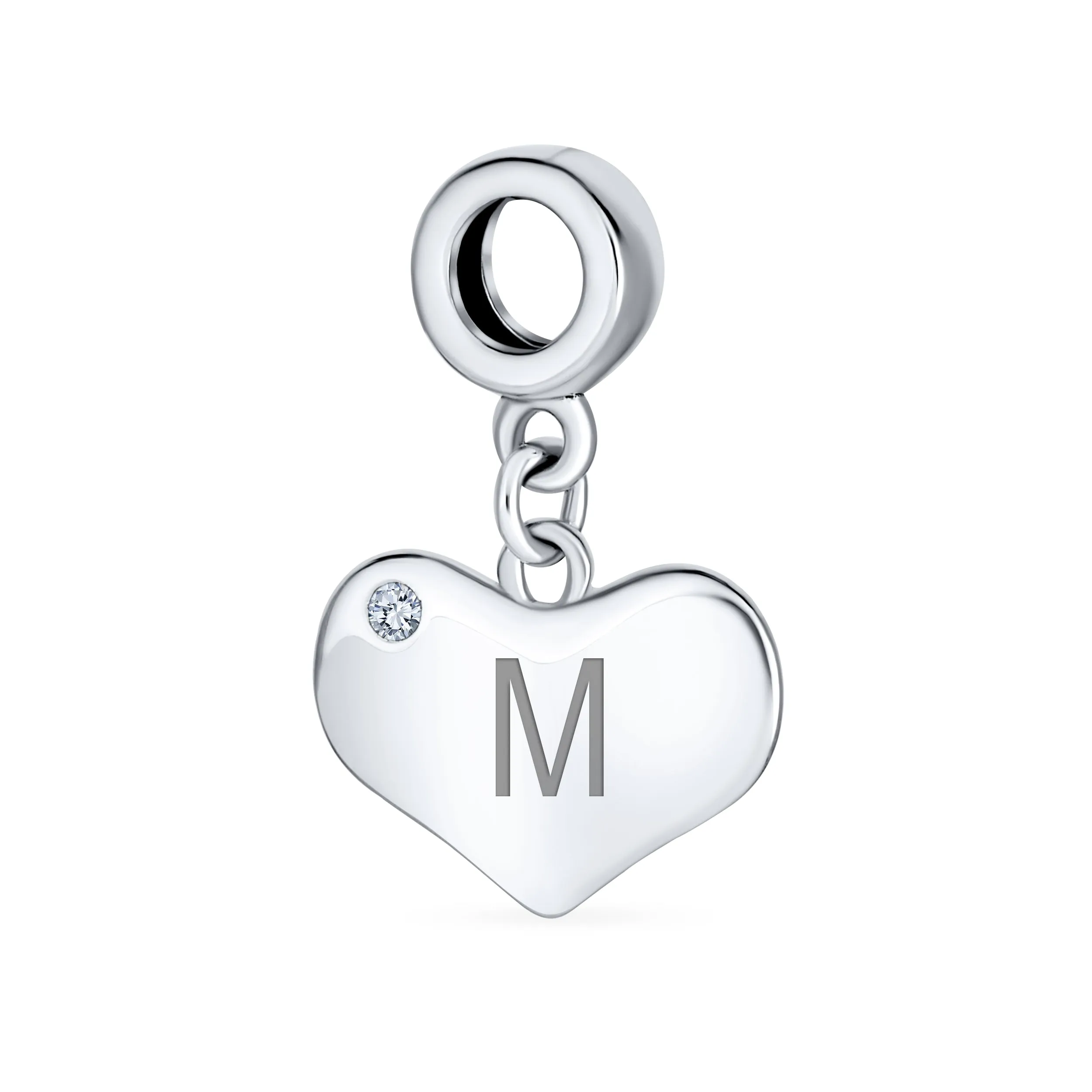 Initial Alphabet Bead Charm Heart Crystal Dangle for Sterling Silver Bracelet